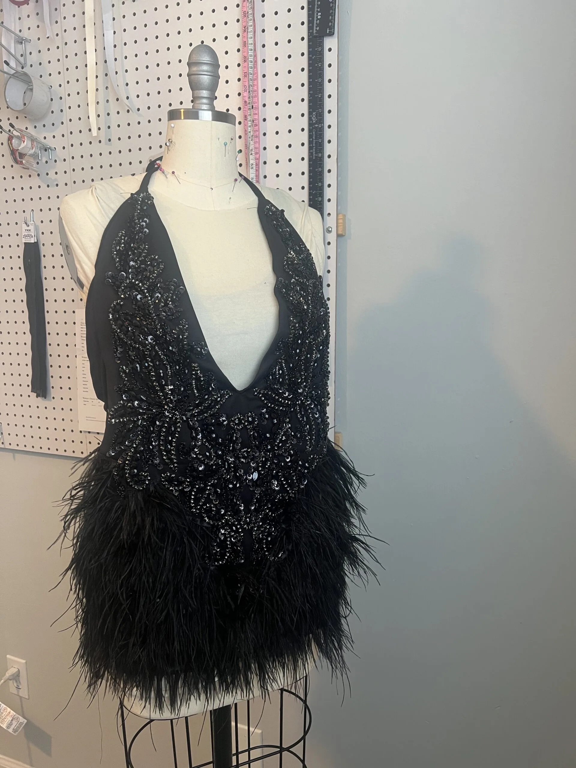 custom made halter dress with ostrich feather skirt