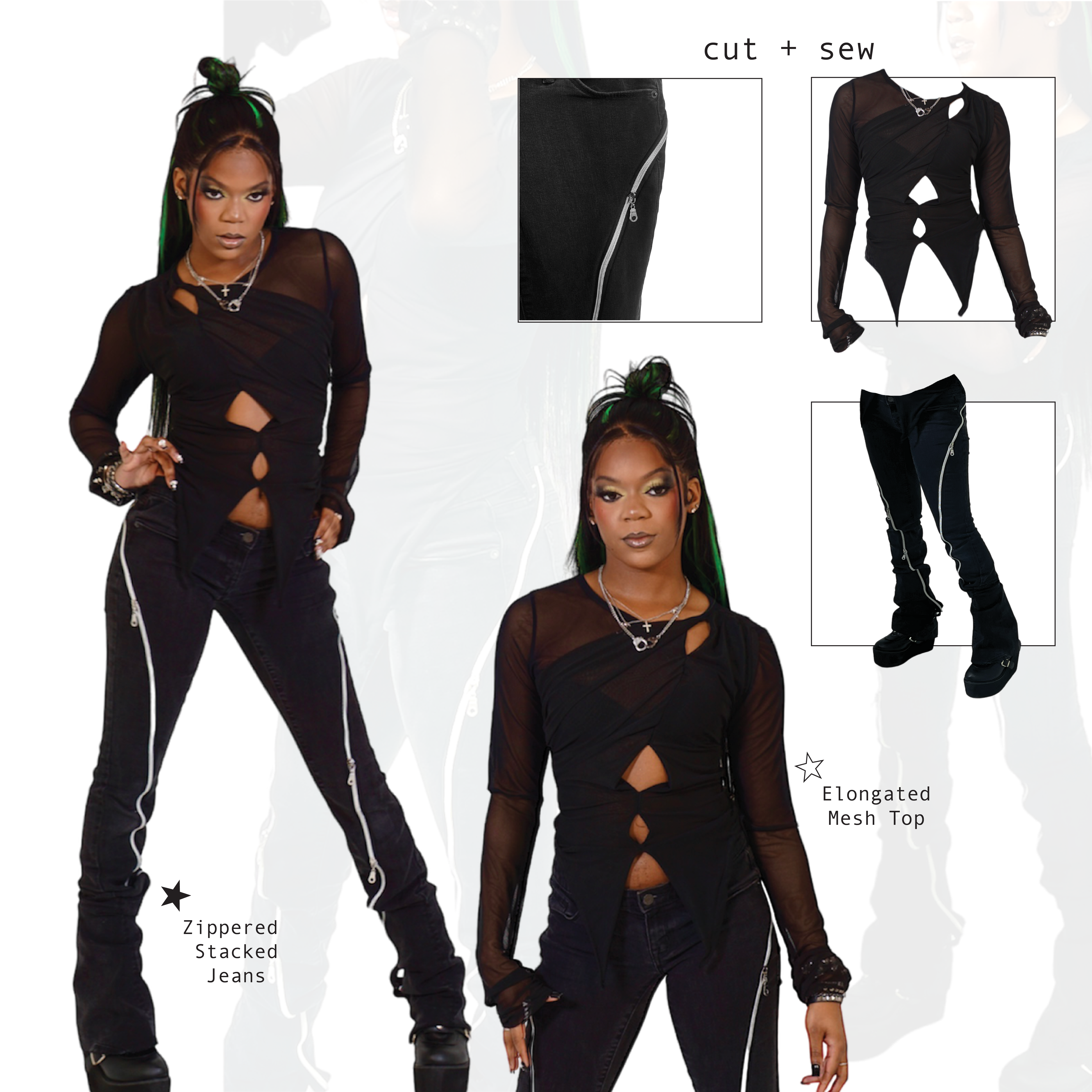 custom made zipper jeans and custom made mesh layered shirt